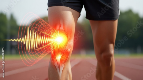 Athlete's leg with knee pain highlighted by radiating waves and red glow on a running track