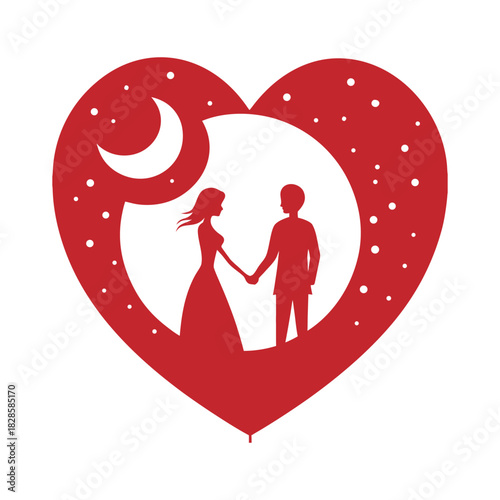 Romantic couple illustration with hearts and a loving silhouette