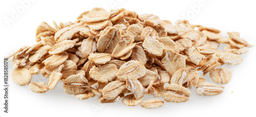 Rolled oat flakes isolated on white background. Macro shoot. File contains clopping paths.