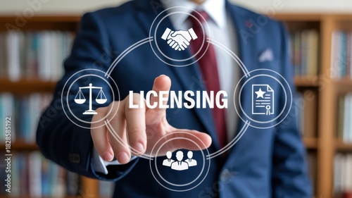 Businessman touching licensing icon on virtual screen in front of bookshelf