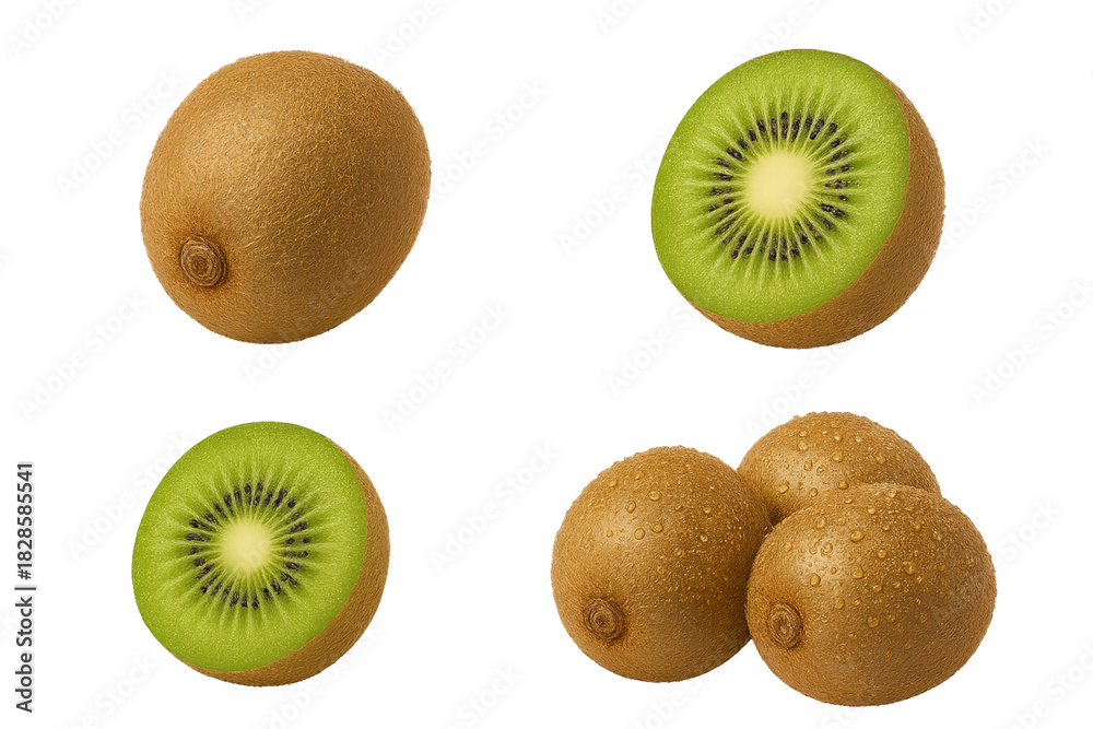 Fototapeta premium Ultra-realistic 8K studio photograph of a kiwi fruit isolated on transparent background, including whole fruit, sliced half, cross-section, and group with water droplets.