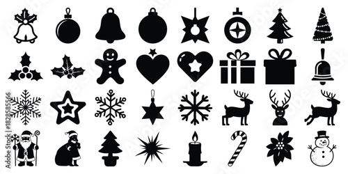 Christmas Silhouette Icon Set – Bells, Ornaments, Snowflakes, Reindeer, Gifts and Holiday Elements