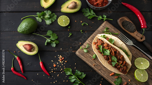 Wallpaper Mural Overhead view of a delicious taco filled with seasoned ground meat and cilantro, served on a wooden board surrounded by fresh avocado, lime, and chili pepper ingredients on a dark table Torontodigital.ca