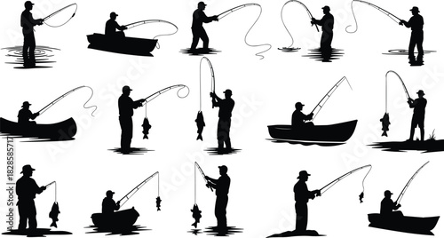 Set of fisherman silhouettes actively fishing with rods, standing in water or sitting in boats, illustrating sport, hobby, and outdoor leisure vector designs.