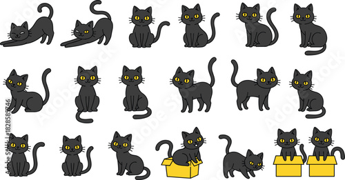 Set of cute black cat cartoon characters in various poses with yellow eyes, illustrating Halloween, witchcraft, domestic pet, and animal vector illustration bundle.