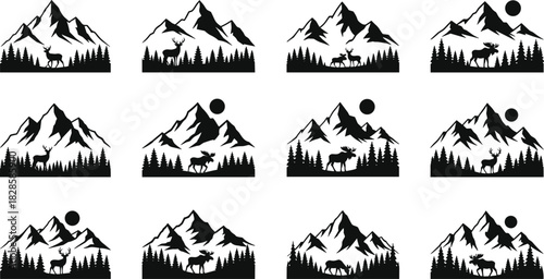 Set of mountain and forest landscape silhouettes with deer and moose, depicting adventure, nature, hiking, camping, and outdoor exploration vector illustrations.