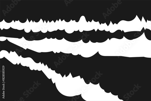 Abstract black and white background with irregular wavy shapes and sharp-edged contours