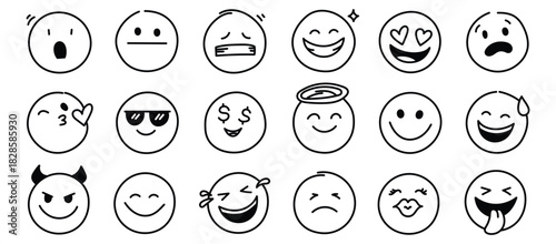 Doodle Emoji face icon set. Hand drawn sketch doodle style. Emoji with different emotion mood, happy, sad, smile face. Comic line emoticon character art. Vector illustration