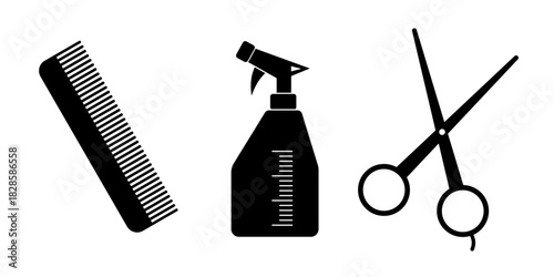 Minimalist scissors, comb, and spray bottle icon set isolated on white background, perfect for barbershops, hair styling, grooming tools, beauty salons, and professional haircare designs.