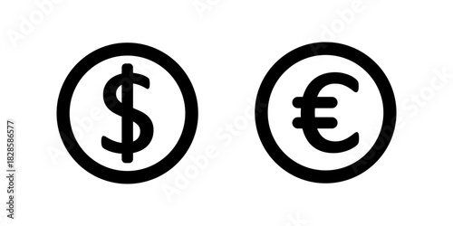 Minimalist dollar and euro currency icon isolated on white background, ideal for finance apps, banking, global money exchange, investment, budgeting, and economic concepts.