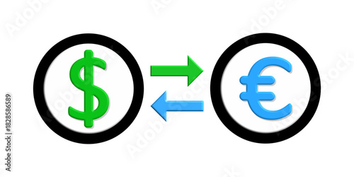 Colorful euro and dollar exchange icon with arrows, isolated on white background. Perfect for finance apps, currency conversion, banking services, forex trading, and money exchange visuals.