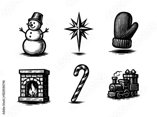 Christmas winter vintage engraving icons set, snowman fireplace candy cane gifts