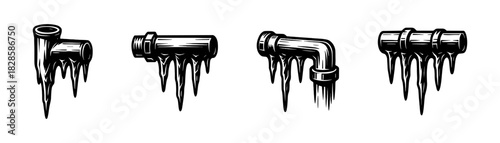Frozen plumbing pipes vintage engraving icons set, icy water pipeline