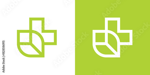 A dual-meaning logo combining a leaf and a medical cross, symbolizing natural health, wellness, and eco-friendly medical care in a clean, modern style.