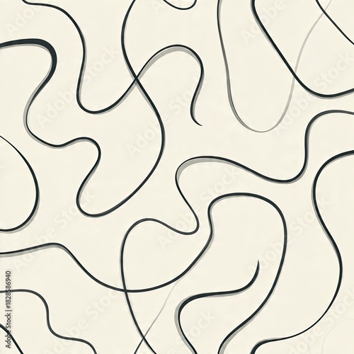 Abstract Seamless Pattern with Black Curvy Lines and Shadows on Cream Background