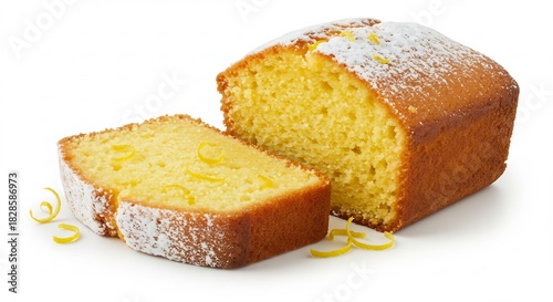 明るい光が優しく当たる白い背景のしっとりレモンパウンドケーキ 甘酸っぱい香りが漂い粉砂糖と鮮やかゼストで美しく飾られた食欲そそる焼き菓子. AI Generated