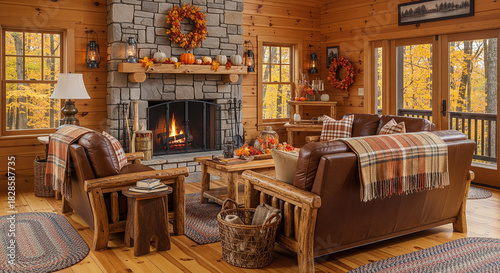 Cozy cabin living room glows with warm autumn decor and inviting fireplace  zoom background