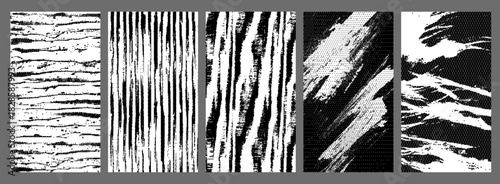 Pixel Grunge Scratches Textures Vector Set. Featuring Abstract Stripe Pattern, Rough Paint Scratch Marks, and Halftone Dithering Effect