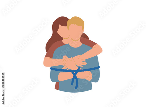 A young, unhappy woman bound to a man, illustrating codependency and obsessive psychiatric issues in a flat, colorful cartoon vector style