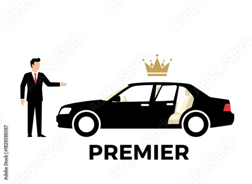 A wealthy gentleman in a sharp suit stands next to a luxury limousine, waving his hand, depicted in a colorful flat cartoon vector illustration