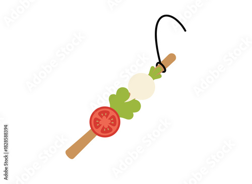 Caprese canape skewer: a mini appetizer featuring mozzarella, basil, and cherry tomato on a toothpick, ideal for buffet or banquet finger food, bite‑sized snack, depicted as a flat vector