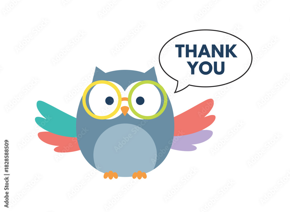 Obraz premium Adorable owl expressing “Thank You” in a charming cursive phrase inside a speech bubble, a polite forest bird rendered in a playful flat style suitable for apparel prints