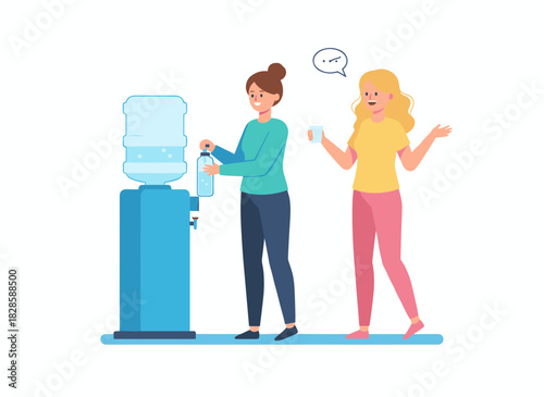 Two female coworkers chat amicably near the water cooler in a flat vector illustration, smiling cartoon office workers sipping from the dispenser and chatting during a coffee break at work