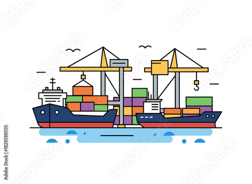 A line‑art vector illustration depicting a seaport, marine terminal, freight vessels, cargo ships, containerships, sea watercraft, port cranes, and a warehouse, all illustrating maritime