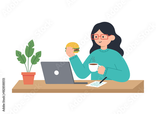 A female office worker eats a sandwich at her desk while working on her laptop, with a hungry manager nearby, all depicted in a flat vector illustration on a white background