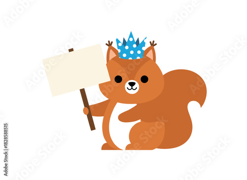 Adorable squirrel wearing a whimsical hat, clutching a blank banner ready for text, depicted as a flat vector illustration; the cartoon animal stands alone on a white background with a placard