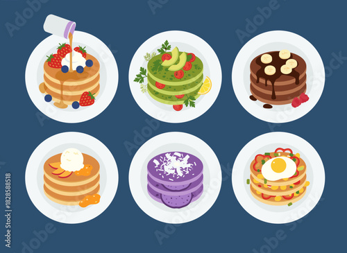 A colorful vector illustration of a variety of fried pancakes—blini, crepes, syrniki, and oladyi—arranged on plates with assorted toppings against a dark background, showcasing delicious cooked