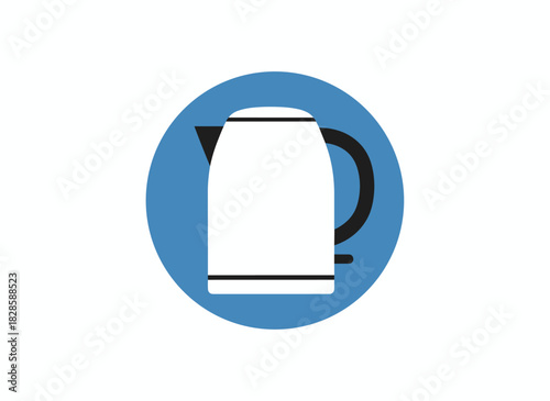 A flat vector illustration of an electric tea kettle with a circular icon, a kitchen appliance for boiling water, featuring a domestic household teakettle, heating device, kitchenware, and a round