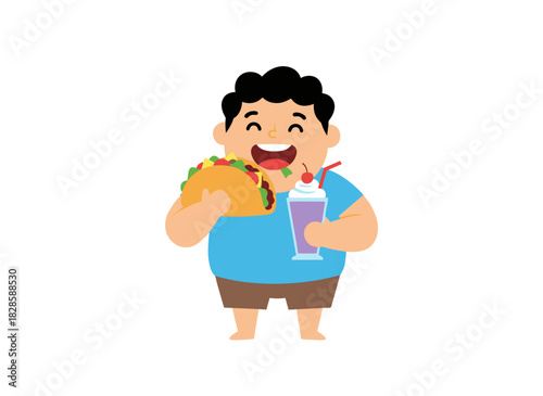 Flat vector illustration depicting a male obesity concept, featuring an overweight cartoon man enjoying a pizza slice from takeaway fast food, highlighting an unhealthy lifestyle, poor nutrition, and