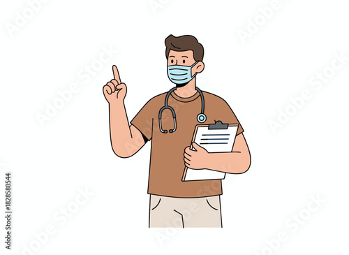 Medical professional in scrubs pointing upward, a general practitioner giving advice and recommendations, depicted as a flat vector illustration on a white background