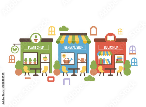 A seamless pattern featuring city buildings on a white background, with a backdrop of bakery, book store, and plant shop facades, presented as a cute flat vector illustration suitable for wrapping