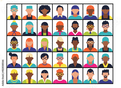 A set of creative face avatars featuring abstract male and female characters in a modern, trendy style, colorful quirky head portraits in a group, showcasing diverse stylish people, fashionable men