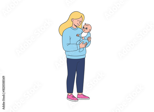 A joyful mother cradles her newborn in a modern flat vector illustration against a white background