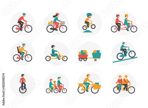 A colorful illustration featuring cartoon men, women, and children riding various types of bicycles—city, BMX, hybrid, chopper, cruiser, single speed, and fixed gear
