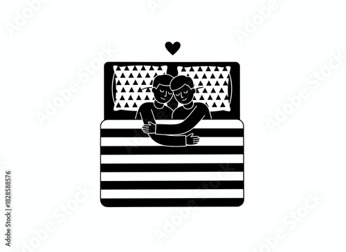 A black-and-white illustration of a young couple sleeping happily together on a bed, in love