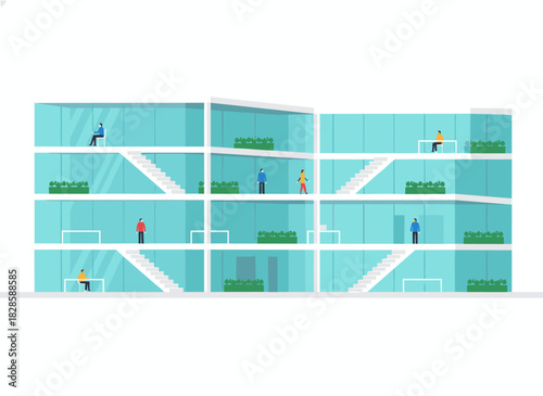 A contemporary shopping mall interior featuring a multi-level department store with displays, escalators, indoor greenery, and shoppers, showcasing stylish commercial architecture in a flat vector