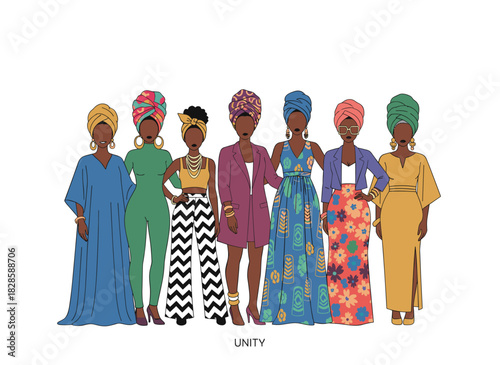 A group portrait of Black women, featuring African and Latin American female characters together, depicting a happy, modern, stylish girls' team and a community of diverse race and ethnicity