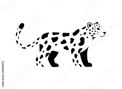 A snow leopard, depicted as a solitary figure on a white backdrop, is a stunning Asian exotic carnivore with a spotted coat, a graceful large wild cat, rendered as a colored vector illustration in a