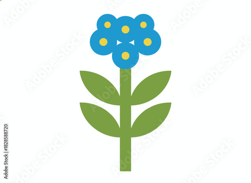 A flat vector illustration of a floral branch bearing wildflower blooms and leaves, depicting a gentle, delicate spring flower with a symmetrical stem and leaf, set against a white background
