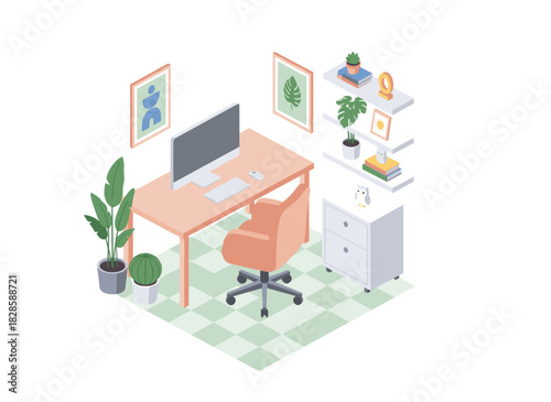 An isometric illustration of a creative modern workplace with a table and a designer computer