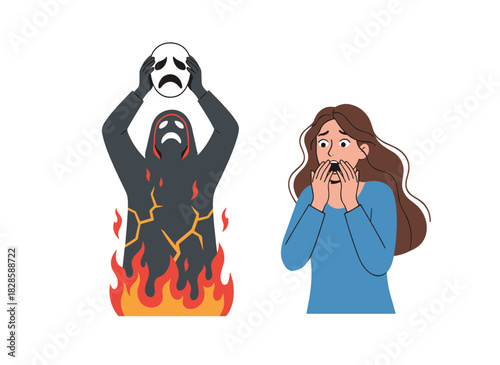 The illustration shows a real face expressing hatred, depicting a mad, crazy, evil abuser who reveals a cruel, violent, hateful person behind a false mask, unmasking them in a flat vector graphic set