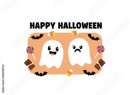 Create a cheerful Halloween card design featuring funny, spooky ghosts, festive spooks, kawaii adorable boo characters, candies, and a childlike flat vector illustration for a festive Trick or Treat