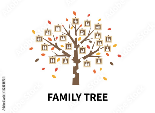 A template for a family tree, pedigree, or ancestry chart featuring branches, leaves, and blank photo frames set against a white background, depicting multiple generations of relatives and ancestors
