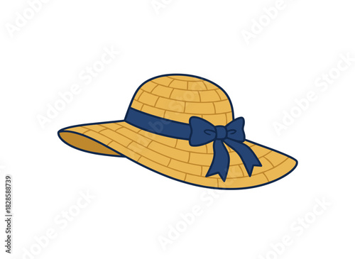 Straw hat adorned with ribbon and bow, a chic summer accessory featuring a brim for sun protection and beach outings, women's retro-style headwear, depicted as a flat vector illustration on a white