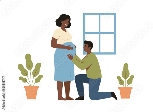 A joyful African‑American couple, a black husband gently caressing his pregnant wife's belly with affection, depicted in a flat vector illustration against a white background