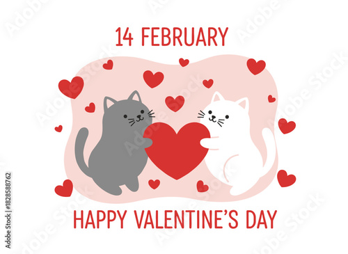 A flat vector illustration of a Happy Saint Valentine's Day postcard featuring cute cats and hearts, celebrating the romantic holiday of February 14 with adorable kitties sleeping